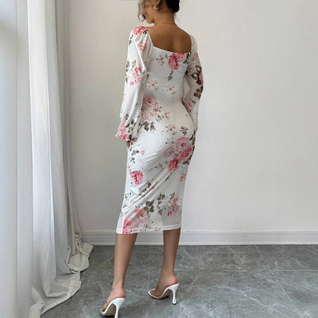 Damen Tailliertes Midikleid mit quadratischem Ausschnitt, Ballonärmeln und floralem Stretchjersey Shop Nory