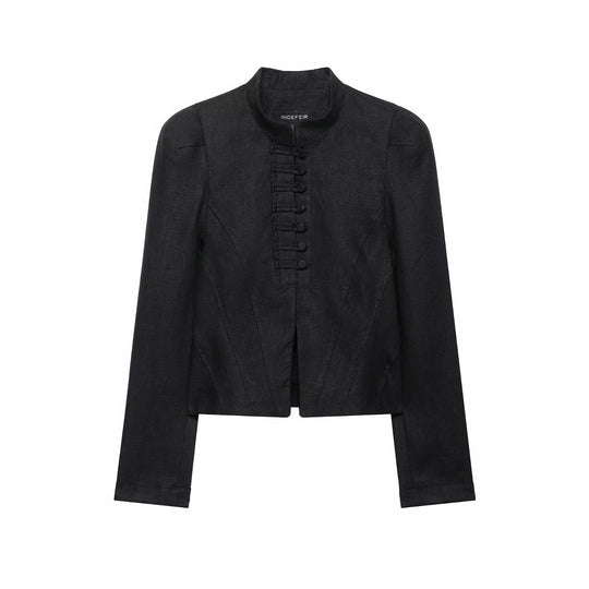 Damen Kurzblazer im Korsettstil mit Stehkragen, Zierknotenschließe und taillierter Teilung Shop Nory