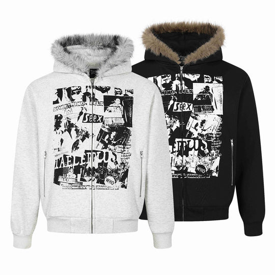 Damen Kapuzen‑Sweatjacke mit Kunstfellbesatz, Frontzip und Collage‑Print Shop Nory