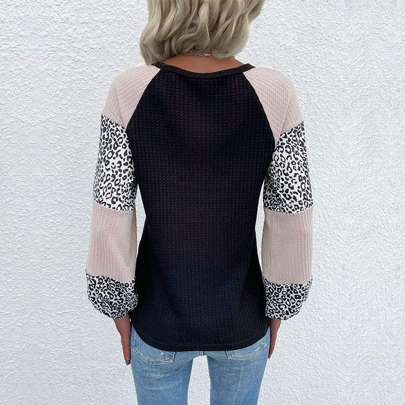 Damen Lässiges Waffelstrick-Shirt mit Raglanärmeln, Colorblock und Leo‑Einsätzen Shop Nory
