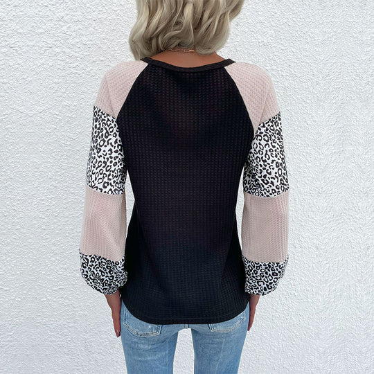 Damen Lässiges Waffelstrick-Shirt mit Raglanärmeln, Colorblock und Leo‑Einsätzen Shop Nory