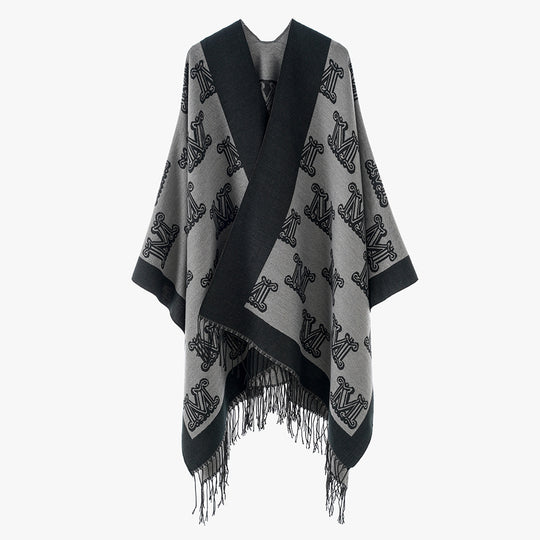 Damen Jacquardponcho mit Monogramm-Allover und Fransensaum Shop Nory