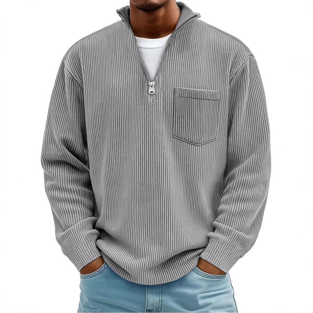 Herren Rippstrickpullover mit kurzem Reißverschluss und Brusttasche EB