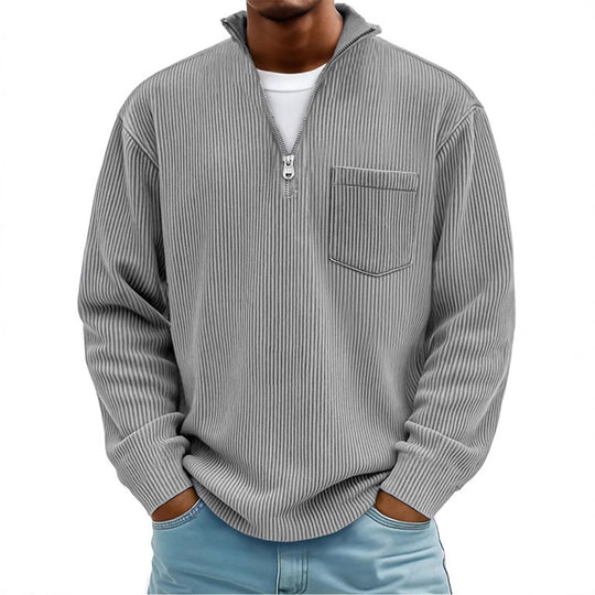 Herren Rippstrickpullover mit kurzem Reißverschluss und Brusttasche EB