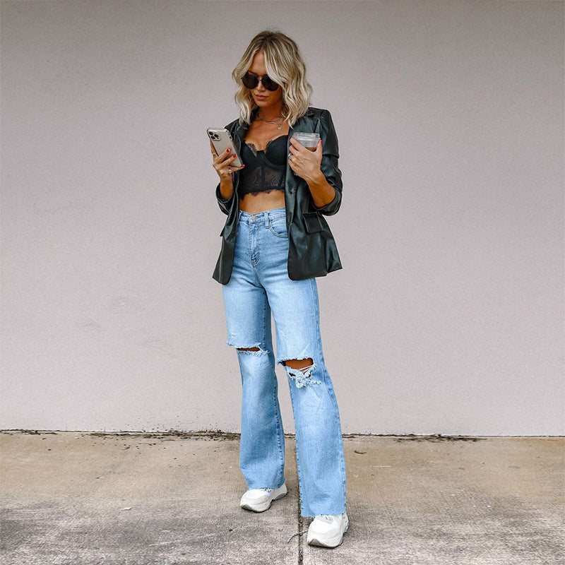 Damen Gefütterte Wide-Leg Jeans mit modischen Rissen und hohem Bund