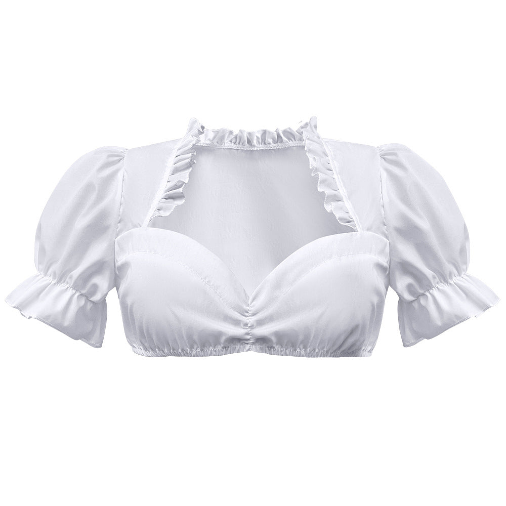 Damen nan traditionelle Dirndlbluse kurz mit Puffärmeln Herzausschnitt und Rüschendetail Shop Nory