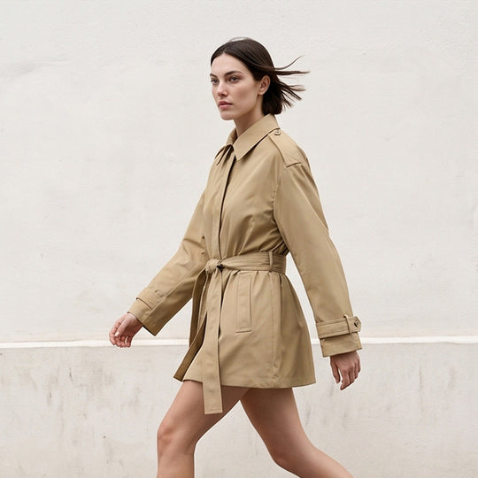 Damen Kurztrenchcoat mit Taillengürtel, Schulterklappen und verstellbaren Manschetten Shop Nory