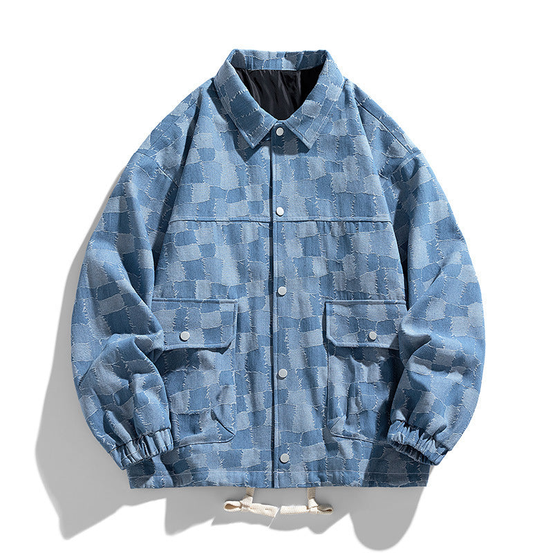Herren Oversize-Jeansjacke im Karo-Look mit Druckknöpfen, Pattentaschen und Kordelzug Shop Nory