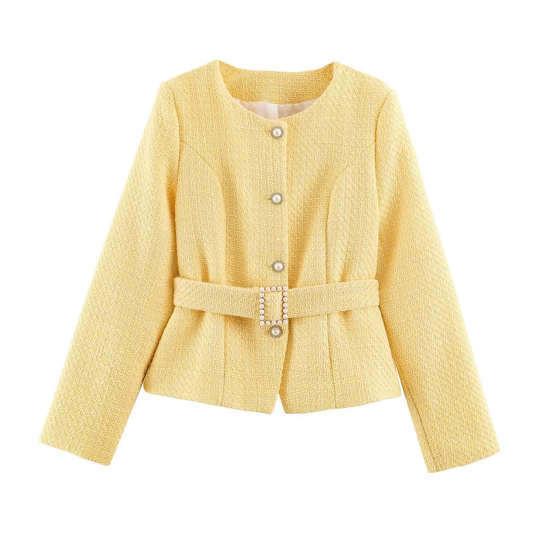 Damen Kurzjacke im Bouclé‑Tweed‑Stil mit Perlenknöpfen und Taillengürtel Shop Nory