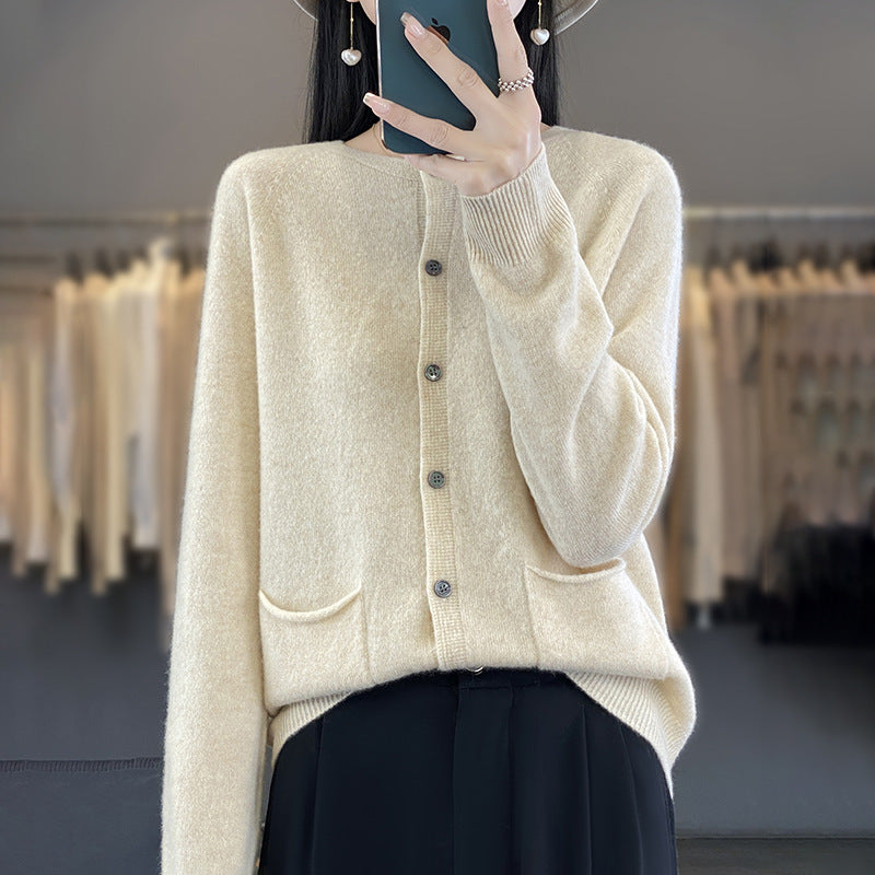Damen Langer Feinstrick-Cardigan mit Rundhalsausschnitt, Eingrifftaschen und Alpaka-Mix Shop Nory