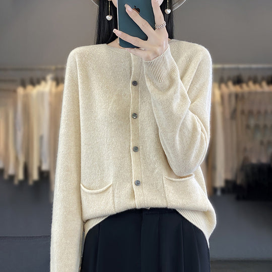 Damen Langer Feinstrick-Cardigan mit Rundhalsausschnitt, Eingrifftaschen und Alpaka-Mix Shop Nory