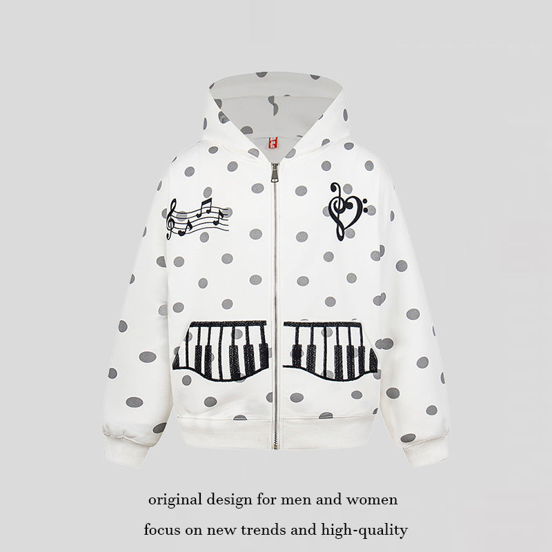 Damen Kapuzen-Sweatjacke im Retro-Punkte-Look mit gestickten Klavier-Taschen und Noten-Emblem Shop Nory