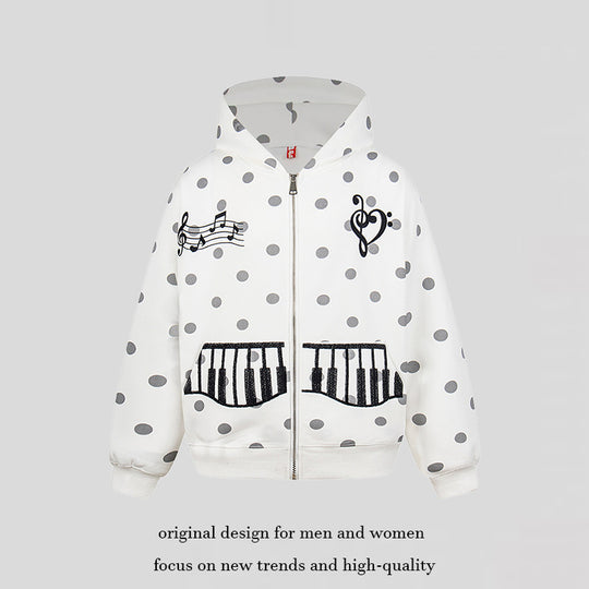 Damen Kapuzen-Sweatjacke im Retro-Punkte-Look mit gestickten Klavier-Taschen und Noten-Emblem Shop Nory