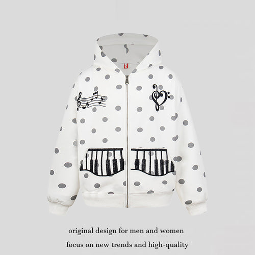 Damen Kapuzen-Sweatjacke im Retro-Punkte-Look mit gestickten Klavier-Taschen und Noten-Emblem Shop Nory