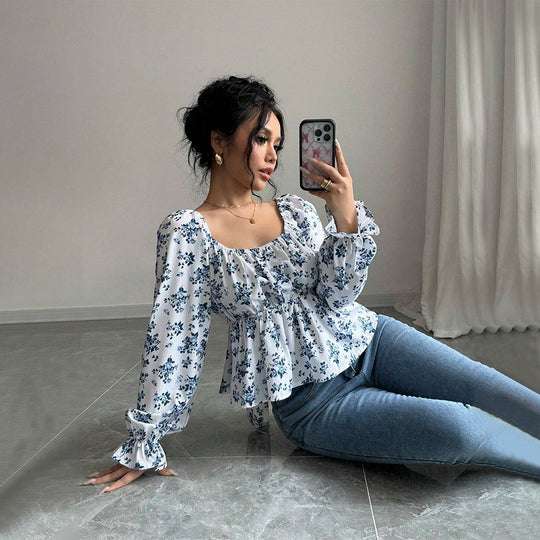 Damen geblümtes Carmen-Top mit geraffter Taillenlinie und Volant-Saum Shop Nory