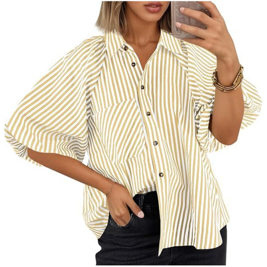 Damen Oversize Hemdbluse mit Ballonärmeln und vertikalem Streifenmuster Shop Nory