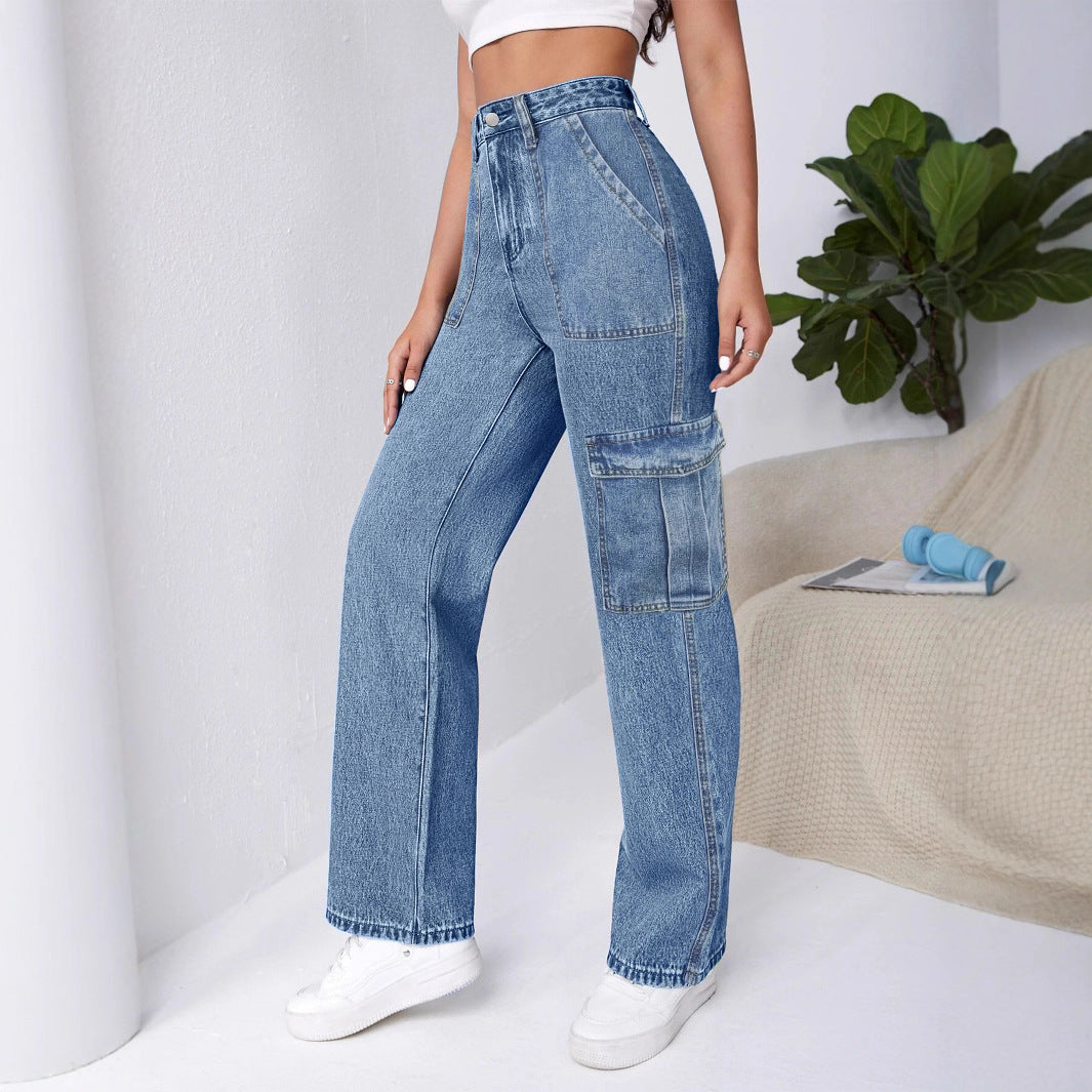 Damen Hochtaillierte Cargo-Weite-Jeans mit aufgesetzten Taschen und elastischem Saum Shop Nory