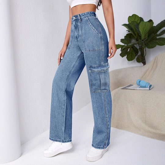 Damen Hochtaillierte Cargo-Weite-Jeans mit aufgesetzten Taschen und elastischem Saum Shop Nory