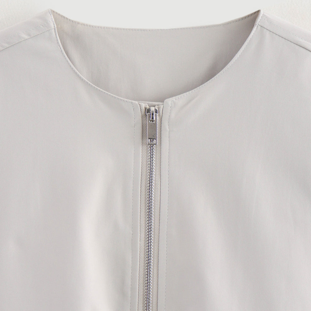Damen Leichte Cropped-Workerjacke ohne Kragen mit Frontreißverschluss und Pattentaschen Shop Nory