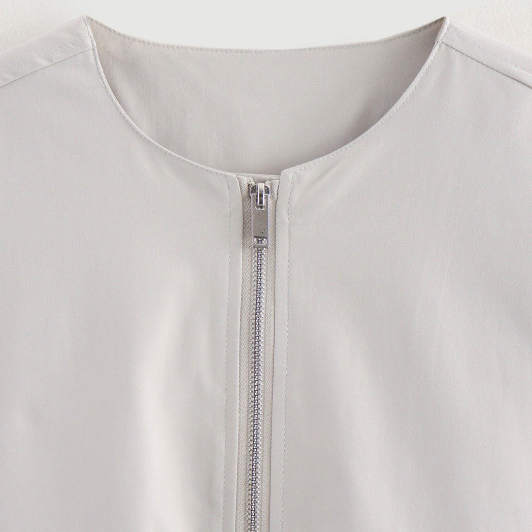 Damen Leichte Cropped-Workerjacke ohne Kragen mit Frontreißverschluss und Pattentaschen Shop Nory