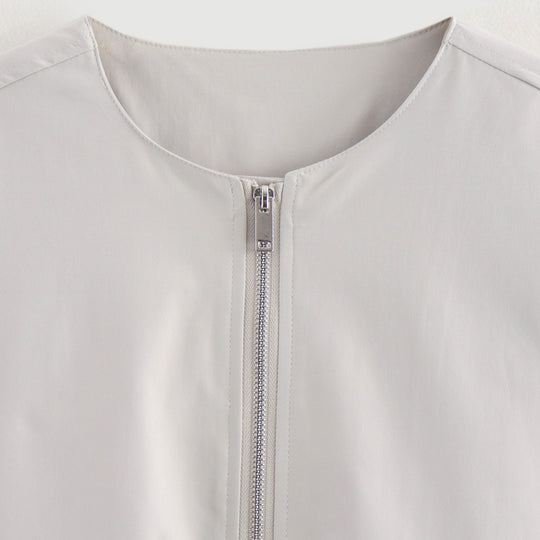 Damen Leichte Cropped-Workerjacke ohne Kragen mit Frontreißverschluss und Pattentaschen Shop Nory