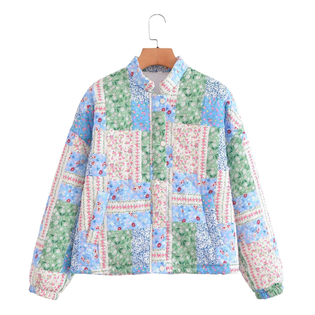 Damen Gepolsterte Patchwork Steppjacke mit Stehkragen und Druckknopfverschluss Shop Nory