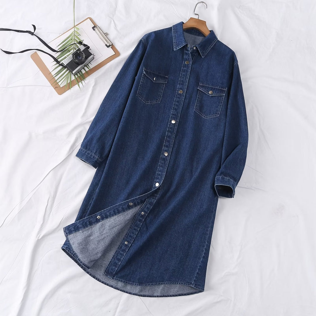 Damen Langes Denim-Hemdblusenkleid mit Knopfleiste und Brusttaschen Shop Nory
