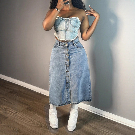 Damen Midirock aus Denim mit durchgehender Knopfleiste und taillenhohem A-Linien-Schnitt Shop Nory