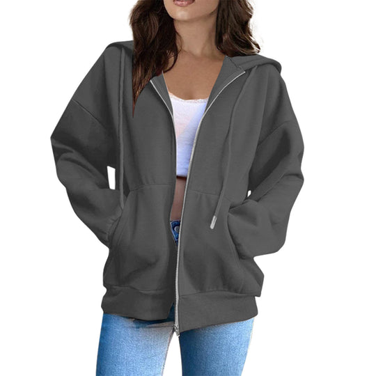 Damen nan lässige Kapuzenjacke mit durchgehendem Reißverschluss, Kängurutaschen und voluminösen Raglanärmeln Shop Nory