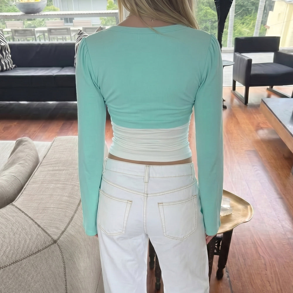 Damen nan Bolero-Overlay-Top mit tiefem V-Ausschnitt, ausgestellten Trompetenärmeln und integrierter Camisole Shop Nory