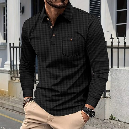 Herren nan strukturierter Langarm-Polo mit Brusttasche und Hemdkragen Shop Nory