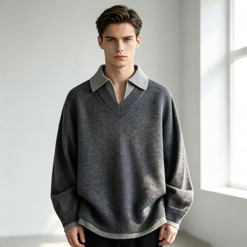 Unisex Lässiger Strukturstrick-Pullover mit offenem Polokragen und tiefem V-Ausschnitt Shop Nory