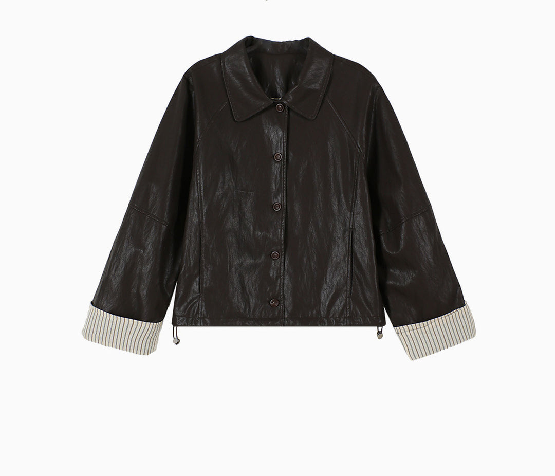 Damen Moderne Lederjacke mit gestreiften Manschetten Shop Nory