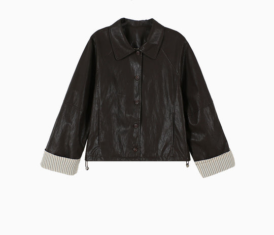 Damen Moderne Lederjacke mit gestreiften Manschetten Shop Nory