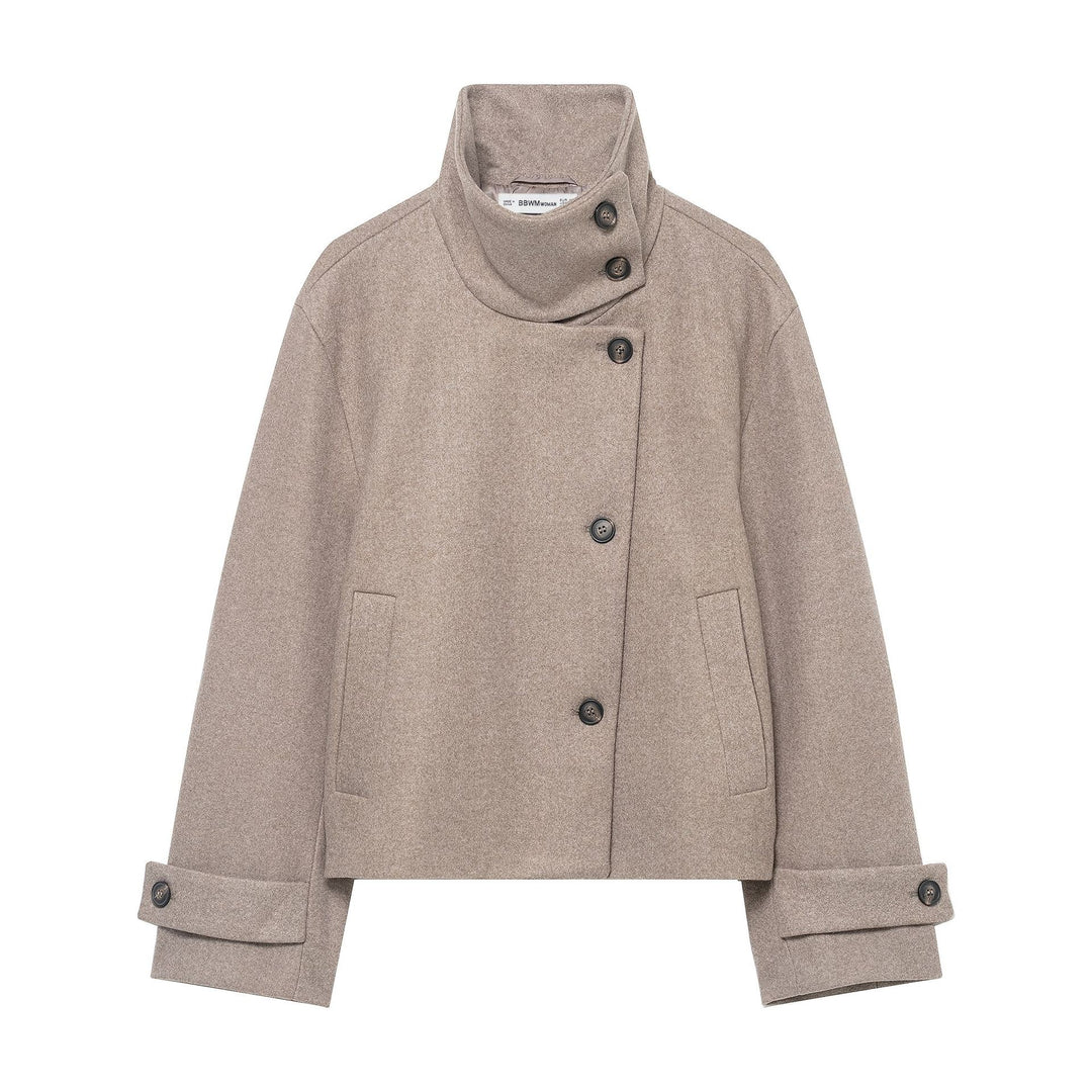 Damen Kurzjacke im Boxy-Cut aus Wollmix mit hohem Stehkragen und asymmetrischer Knopfleiste Shop Nory