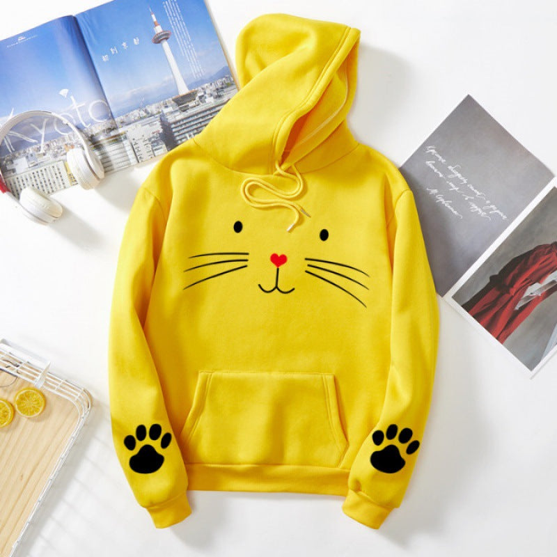 Damen nan Kapuzenpullover mit gedrucktem Katzenmotiv, Kängurutasche und Pfotenapplikationen Shop Nory