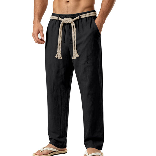 Herren lässige Leinen-Loungehose mit elastischem Bund, dekorativem Seilgürtel und Seitentaschen Shop Nory