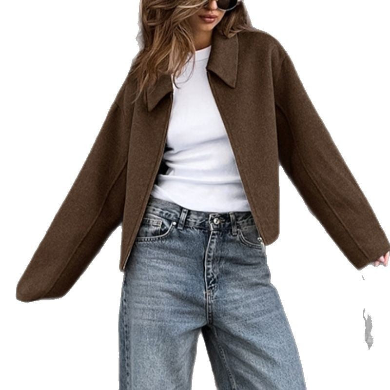 Damen nan kurzer kastiger Wollmix-Bomber mit Hemdkragen und verdecktem Reißverschluss Shop Nory