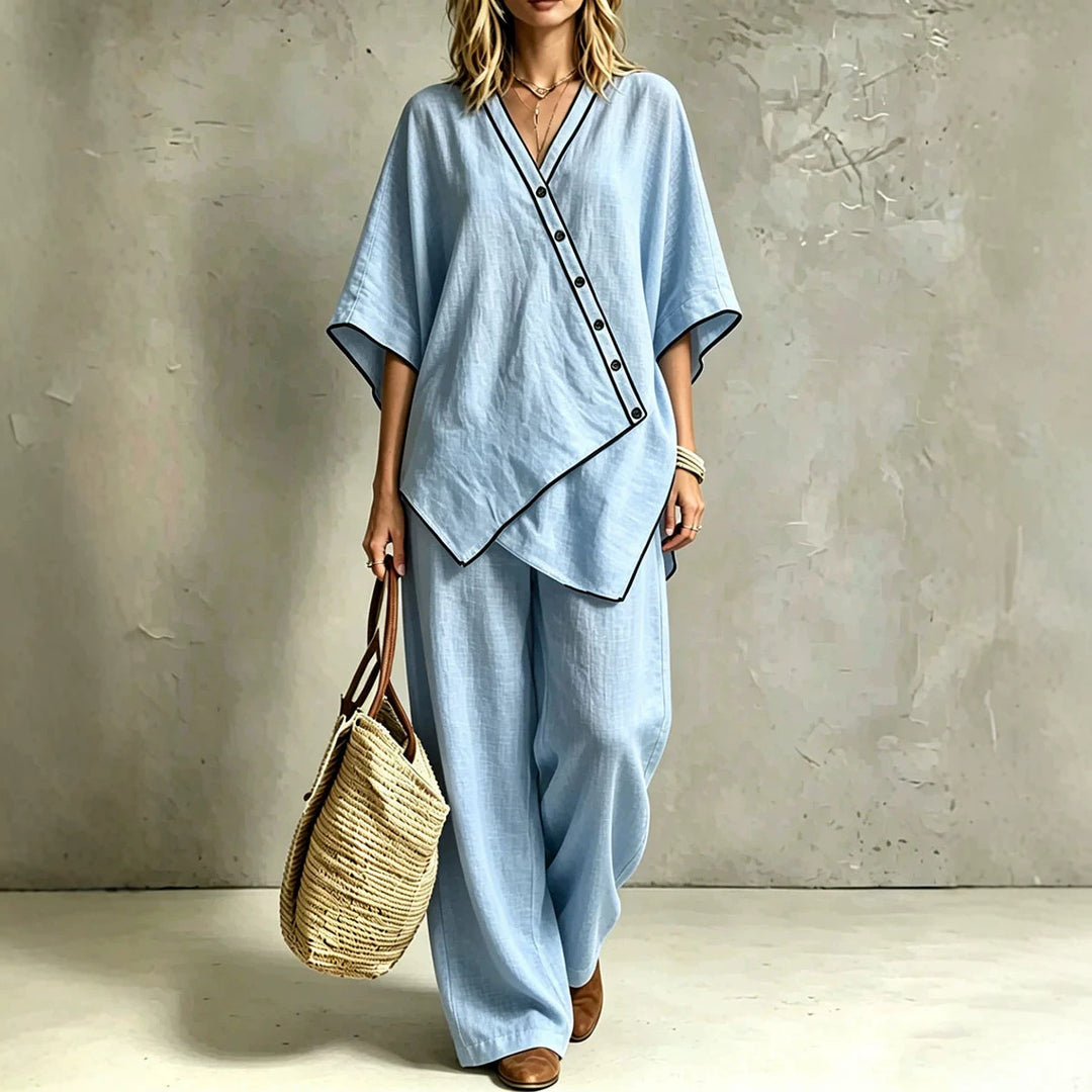 Damen Asymmetrisches Tunika-Loungewear-Set mit diagonaler Knopfleiste und weiter Palazzohose Shop Nory