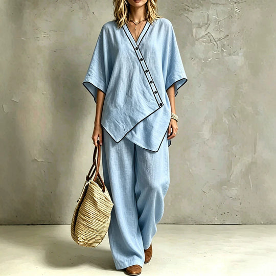 Damen Asymmetrisches Tunika-Loungewear-Set mit diagonaler Knopfleiste und weiter Palazzohose Shop Nory