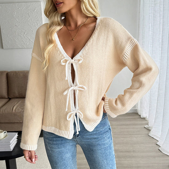 Damen Strickcardigan mit Schleifenverschluss und tiefem V-Ausschnitt Shop Nory