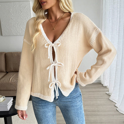 Damen Strickcardigan mit Schleifenverschluss und tiefem V-Ausschnitt Shop Nory