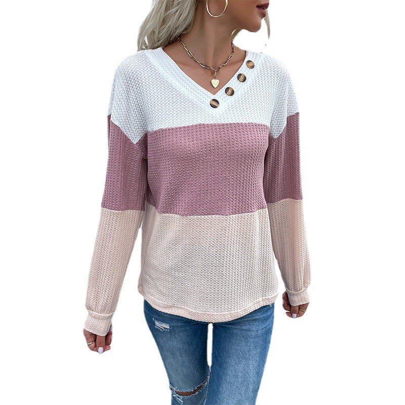 Damen Farbenblock Waffelstrick-Top mit V-Ausschnitt und Zierknopfleiste Shop Nory
