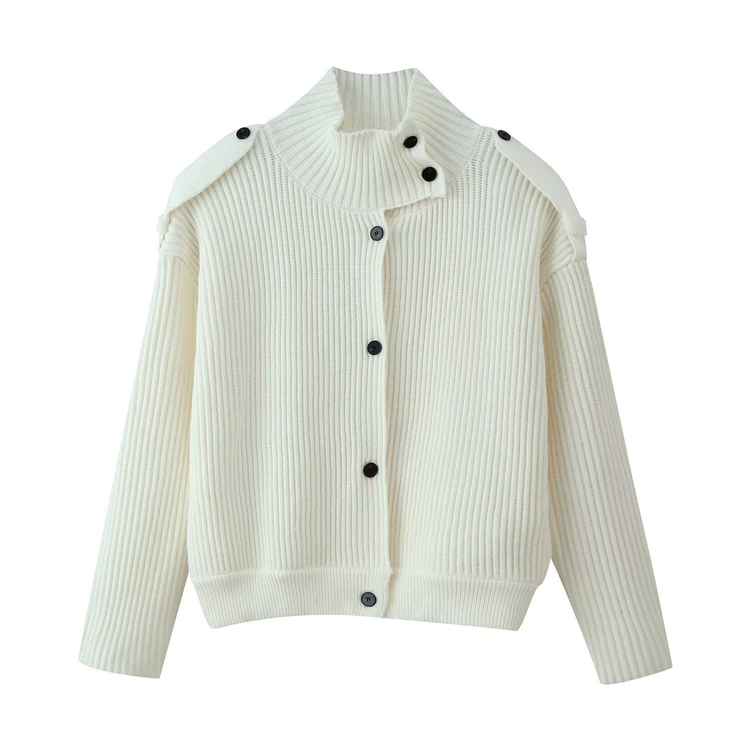 Damen Strukturstrick-Cardigan mit Stehkragen, Knopfleiste und Schulterpatten Shop Nory