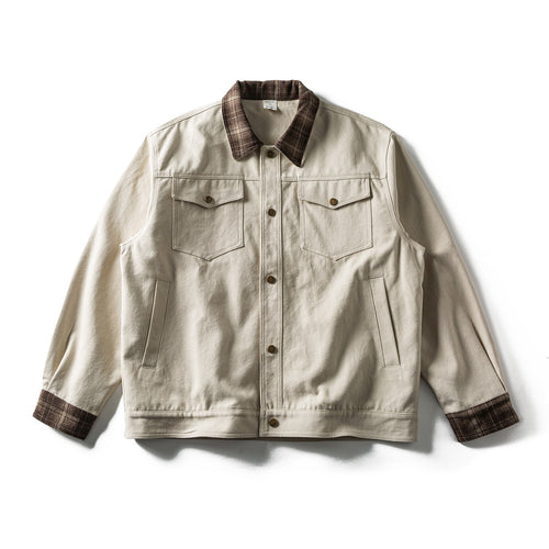 Herren Kurz geschnittener Canvas‑Blouson mit kariertem Kragen und Druckknopf‑Brusttaschen Shop Nory
