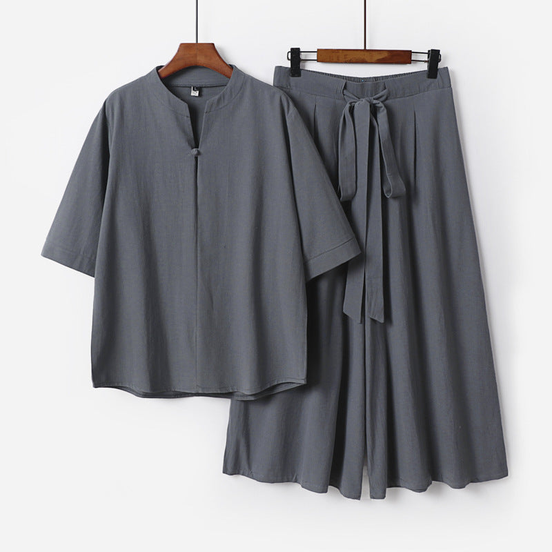Damen Lässiges Leinen-Viskose Lounge-Set mit Stehkragen-Oberteil und weiten Palazzo-Hose Shop Nory