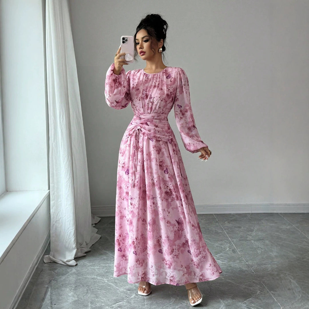 Damen Maxikleid mit floralem Schmetterlingsprint, geraffter Taillenpartie und langen Ballonärmeln Shop Nory