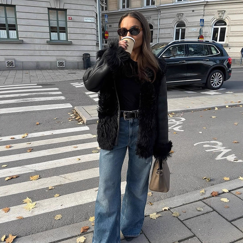 Damen Oversize Kunstleder-Mantel im Aviator-Stil mit voluminösem Faux-Fur-Kragen und Teddybündchen Shop Nory