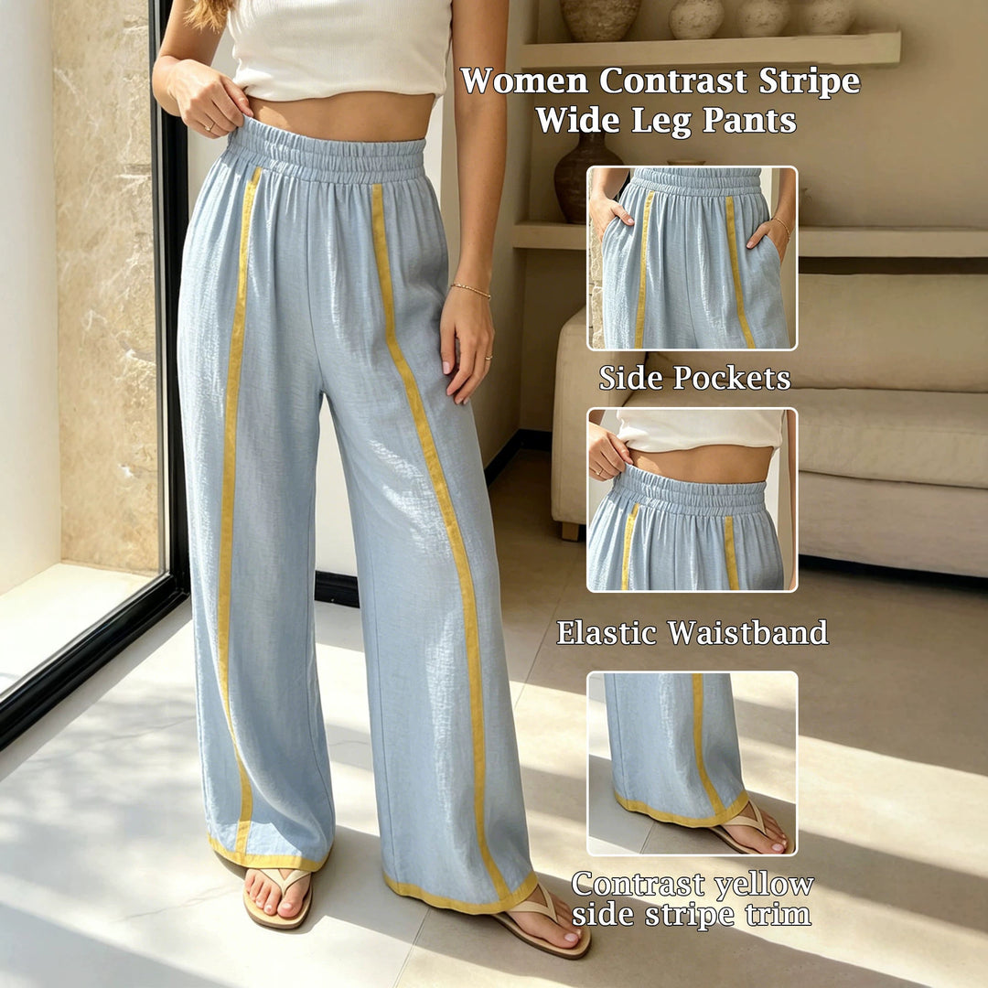 Damen Weite Leinenhose mit Kontraststreifen und elastischem Bund Shopy Nory