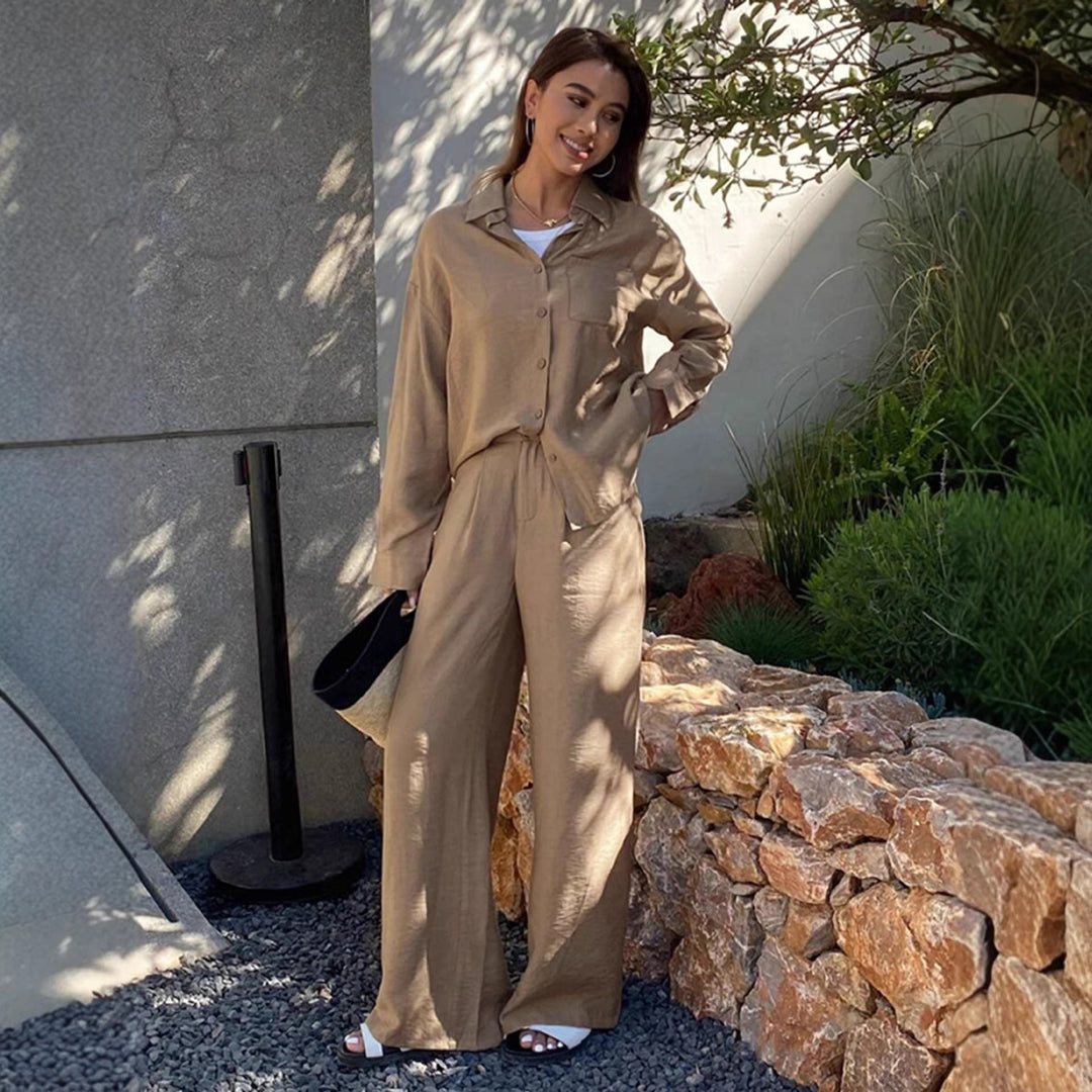 Damen entspanntes Leinen Lounge Set mit Oversize Hemd und Kordelbund Palazzohose Shop Nory